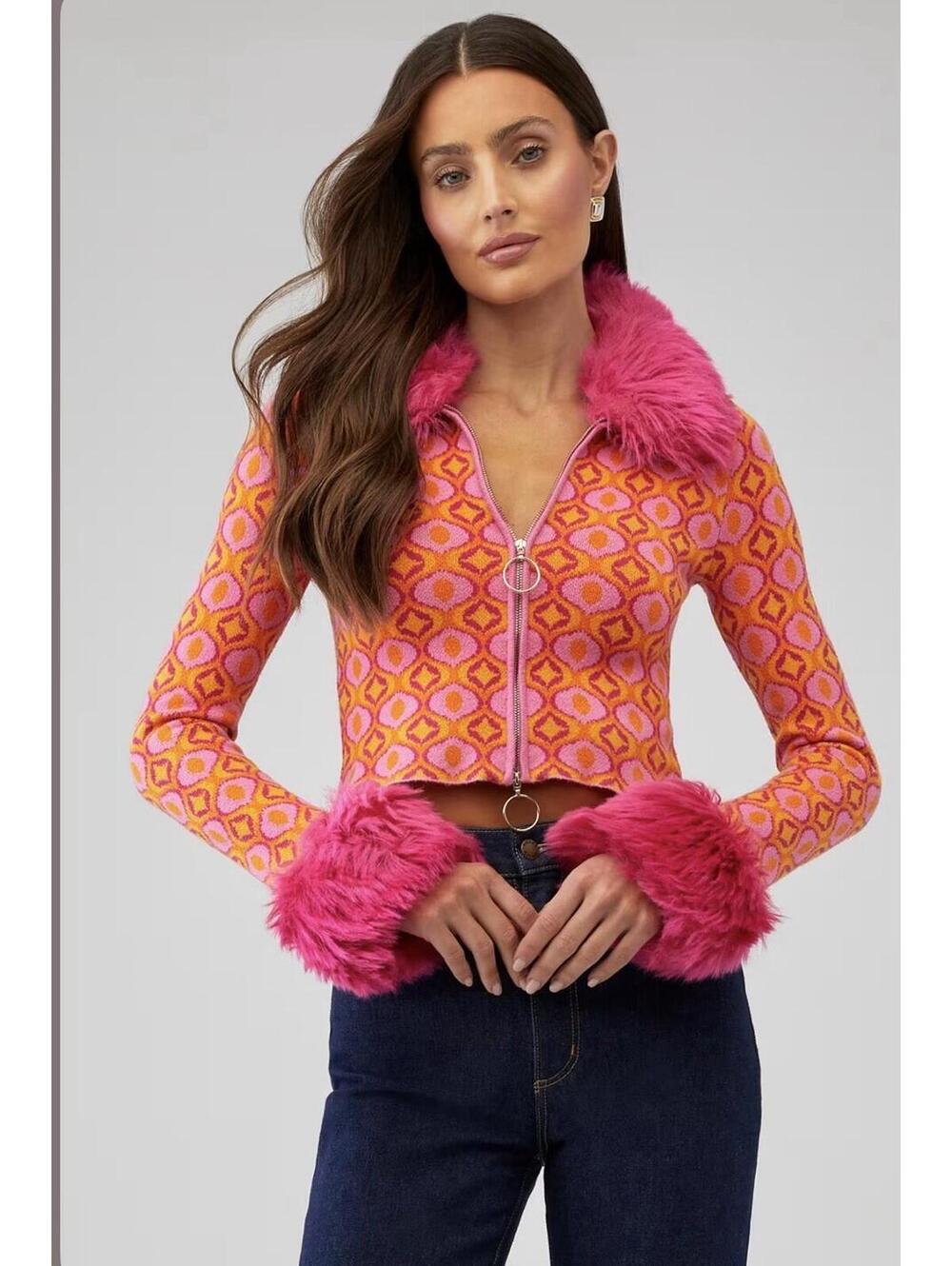 Show Me Your MuMu Zermatt Zip Up Jacket Sz Med Pink Geo Jacquard Faux Fur Y2K